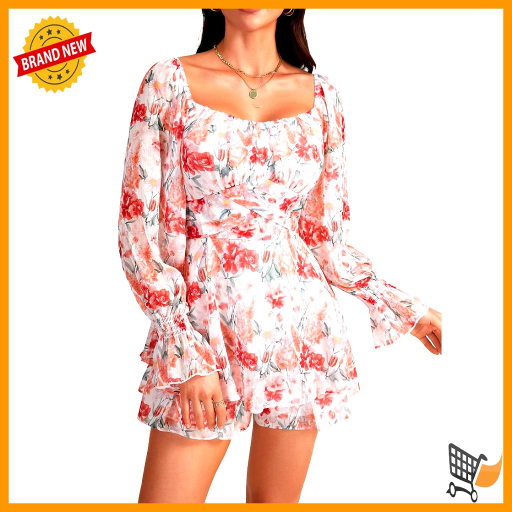 Large Long Sleeve Off Shoulder Ruffle Hem Romper Jumpsuit Polyester